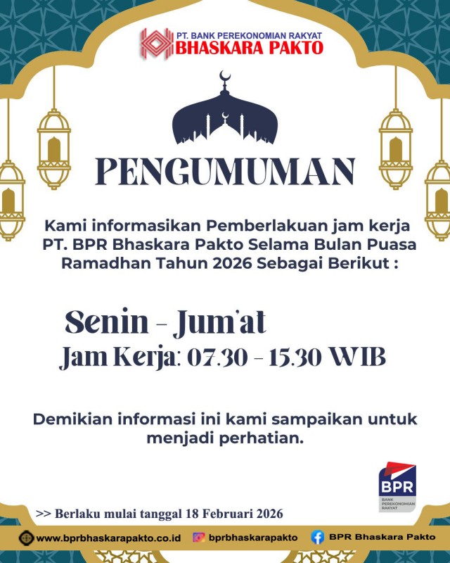 PENGUMUMAN JAM OPERASIONAL KANTOR SELAMA BULAN RAMADHAN TAHUN 2026